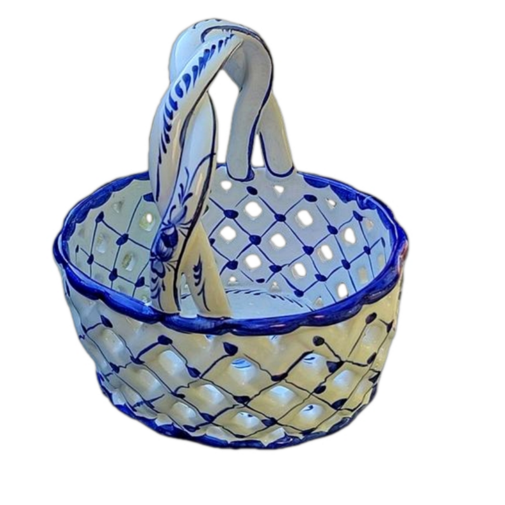 Handpainted Cobalt Blue White CERAMIC lattice Weave Basket Portugal Porto